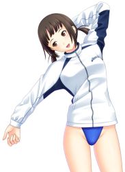 Rule 34 | 1girl, :d, arm up, asics, brown eyes, brown hair, competition swimsuit, cowboy shot, groin, head tilt, highleg, highleg swimsuit, jacket, kuri (kurigohan), long hair, long sleeves, looking away, looking to the side, one-piece swimsuit, open mouth, outstretched arm, simple background, smile, solo, swimsuit, swimsuit under clothes, twintails, white background