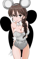 Rule 34 | 1girl, absurdres, animal ears, arm behind back, arm grab, arms behind back, braid, braided ponytail, breasts, brown eyes, brown hair, chinese zodiac, cleavage, closed mouth, collar, commentary request, cowboy shot, detached collar, fake animal ears, girls und panzer, gloves, gluteal fold, grey leotard, hair over shoulder, highres, large breasts, leotard, long hair, looking at viewer, mouse ears, mouse print, nontraditional playboy bunny, one-hour drawing challenge, playboy bunny, rukuriri (girls und panzer), rukuriritea, single braid, smile, solo, standing, strapless, strapless leotard, whiskers, white background, white collar, white gloves, wing collar, year of the rat