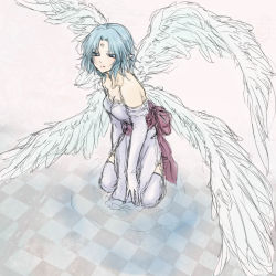 Rule 34 | 1girl, angel wings, bad id, bad pixiv id, bare shoulders, blue hair, breasts, cleavage, commentary request, dress, feathered wings, filia (star ocean), medium hair, pointy ears, solo, star ocean, star ocean the second story, thighhighs, wings