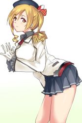 Rule 34 | 1girl, beret, blonde hair, collared shirt, cosplay, drill hair, epaulettes, gloves, hat, jacket, kantai collection, kashima (kancolle), kashima (kancolle) (cosplay), looking at viewer, mahou shoujo madoka magica, mahou shoujo madoka magica (anime), military jacket, miniskirt, negresco, own hands together, pleated skirt, shirt, skirt, solo, thighs, tomoe mami, twin drills, white gloves, yellow eyes