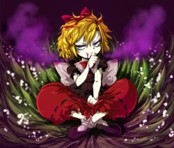 Rule 34 | 1girl, bags under eyes, blonde hair, blue eyes, bow, dress, flower, hair bow, harusame (unmei no ikasumi), licking lips, lily of the valley, medicine melancholy, neck ribbon, poison, ribbon, ribbon-trimmed skirt, ribbon trim, shoes, short hair, short sleeves, sitting, smirk, solo, tongue, tongue out, touhou