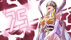 Rule 34 | angel, angel girl, angewomon, belt, blonde hair, breasts, cleavage, clothing cutout, digimon, keyliom, large breasts, long hair, mask, open mouth, saliva, stomach cutout, wings