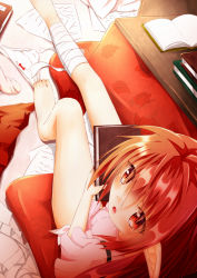 Rule 34 | 1girl, :o, absurdres, bandaged leg, bare legs, blush, book, bottomless, bow, bow panties, elf, floral print, from above, highres, holding, holding book, knee up, kotatsu, long hair, looking back, looking up, open book, open mouth, original, outstretched leg, panties, unworn panties, paper, pillow, pleated skirt, pointy ears, red bow, red eyes, red hair, red skirt, skirt, unworn skirt, solo, table, tareme, text focus, thighs, underwear, utatanecocoa, ver, very long hair, white panties