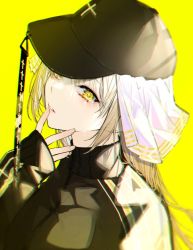 Rule 34 | 1girl, baseball cap, black hat, black jacket, blonde hair, commentary request, crying, crying with eyes open, fingers to mouth, hair ornament, hat, jacket, kayahara, lips, long hair, long sleeves, looking at viewer, nijisanji, simple background, sister claire, sleeves past wrists, solo, streetwear, tears, track jacket, veil, virtual youtuber, yellow background, yellow eyes, yellow theme
