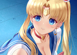 Rule 34 | 1girl, bishoujo senshi sailor moon, blonde hair, blue eyes, blue sailor collar, breasts, chitu hefeng zhong, choker, circlet, cleavage, clenched teeth, collarbone, commentary request, crescent, crescent earrings, derivative work, earrings, hair ornament, hair over shoulder, heart, heart choker, highres, jewelry, large breasts, long hair, meme, parted bangs, red choker, sailor collar, sailor moon, sailor moon redraw challenge (meme), sailor senshi uniform, short sleeves, solo, teeth, tsukino usagi, twintails, upper body