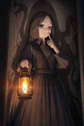 Rule 34 | 1girl, absurdres, bob cut, breasts, brown dress, brown hair, brown shirt, collared shirt, cryturtle, dark room, different shadow, dress, finger to mouth, glowing, highres, holding, holding lantern, lantern, lens flare, long dress, long sleeves, looking at viewer, original, parted bangs, purple eyes, shadow, shirt, short hair, shushing, small breasts, solo, standing, wall
