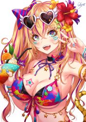 Rule 34 | 1girl, :d, armlet, bangle, bikini, blonde hair, blue eyes, blue nails, blush, bracelet, breasts, choker, cleavage, collarbone, cup, diamond-shaped pupils, diamond (shape), eyewear on head, flower, hair flower, hair ornament, heart, heart-shaped eyewear, hibiscus, highres, holding, holding cup, jewelry, large breasts, long hair, multicolored bikini, multicolored clothes, multicolored nails, nail art, nail polish, necklace, open mouth, original, red nails, ring, sakiyamama, simple background, smile, solo, summer, sunglasses, swimsuit, symbol-shaped pupils, two side up, upper body, v, white background