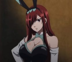 Rule 34 | 1girl, a-1 pictures, animal ears, bare shoulders, bow, bowtie, breasts, cleavage, collarbone, detached collar, elbow gloves, erza scarlet, fairy tail, fairy tail: dragon cry, fake animal ears, gloves, green bow, hair over one eye, hairband, heart, highres, large breasts, long hair, looking at viewer, playboy bunny, rabbit ears, red hair, screencap, solo, white gloves