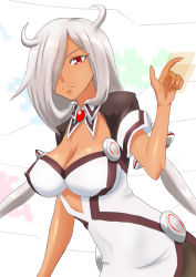Rule 34 | 10s, 1girl, breasts, cleavage, commentary request, dark skin, dark-skinned female, detached collar, female focus, hacka doll, hacka doll 0, hair over one eye, large breasts, red eyes, serious, silver hair, solo