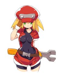 Rule 34 | 1girl, :&gt;, adjusting hair, arm behind back, belt, bike shorts, blonde hair, bodysuit, brown gloves, cabbie hat, covered navel, gloves, green eyes, hand on back, hand on headwear, hand up, hat, holding, jacket, jumpsuit, katsudansou, looking at viewer, mega man (series), mega man legends (series), open clothes, open jacket, red jumpsuit, red shorts, roll caskett (mega man), short hair, short shorts, shorts, simple background, skin tight, smile, solo, standing, unitard, white background, wrench