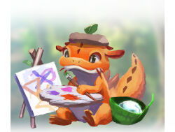 branch canvas_(object) character_request creatures_(company) doragon_oekk dragon game_freak highres leaf lp_pics nintendo no_humans paint paintbrush painting_(action) palette_(object) pokemon water_drop