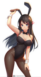 Rule 34 | 1girl, animal ears, artist name, bare shoulders, black bow, black bowtie, black hair, black leotard, black pantyhose, blue eyes, bow, bowtie, breasts, cleavage, collarbone, commentary request, commission, covered navel, detached collar, fake animal ears, hair ornament, hairclip, jurrig, large breasts, leotard, long hair, looking at viewer, pantyhose, playboy bunny, rabbit ears, rabbit girl, sakurajima mai, seishun buta yarou, simple background, smile, solo, strapless, strapless leotard, watermark, web address, white background, wrist cuffs