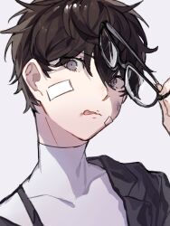 Rule 34 | 1boy, amamiya ren, bandaid, bandaid on face, black hair, bruise, bruise on face, caddy cyd, commentary, glasses, grey eyes, hair between eyes, highres, holding, holding removed eyewear, injury, jacket, looking at viewer, male focus, messy hair, persona, persona 5, portrait, school uniform, short hair, solo, tongue, tongue out, unworn eyewear, white background