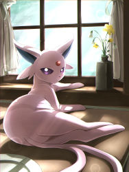 Rule 34 | commentary request, creatures (company), curtains, espeon, flower, game freak, gen 2 pokemon, highres, indoors, itsudzumi, lens flare, looking at viewer, lying, nintendo, no humans, pokemon, pokemon (creature), purple eyes, solo, window, yellow flower