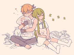 Rule 34 | 1boy, 1other, androgynous, artoria pendragon (all), artoria pendragon (fate), bag of chips, barefoot, biitu, black gloves, blonde hair, blush stickers, closed eyes, closed mouth, dakimakura (object), drooling, earrings, enkidu (fate), fate/strange fake, fate (series), figure, fingerless gloves, full body, gilgamesh (fate), glass, gloves, gold bracelet, green hair, grey pants, highres, hugging object, indian style, jewelry, long hair, mouth drool, nose bubble, pants, pillow, saber (fate), sailor collar, shirt, short hair, simple background, sitting, skirt, sleeping, sleeping upright, socks, stuffed toy, white background, white shirt, white skirt, white socks, wolf (fate), zzz