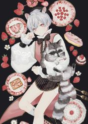 Rule 34 | 1boy, animal, black hat, chocolate, commentary, food, fruit, happy valentine, hat, highres, holding, holding animal, looking at viewer, mege (megechan), original, pastry, plate, raccoon, raccoon boy, short hair, short shorts, shorts, simple background, solo, strawberry, sweets, symbol-only commentary, tart (food), valentine
