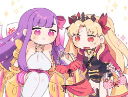 Rule 34 | 2girls, :&lt;, artist name, azu (kirara310), bare shoulders, bikini, black leotard, black thighhighs, blonde hair, bow, breasts, cape, chibi, claws, clothes hanger, commentary request, earrings, ereshkigal (fate), fate/grand order, fate (series), hair bow, hair ribbon, holding, holding clothes hanger, hood, hood down, hooded cape, jewelry, large breasts, leotard, long hair, multiple girls, o-ring, o-ring top, parted bangs, passionlip (fate), passionlip (third ascension) (fate), pink bikini, pink bow, pink skirt, polka dot, polka dot bikini, purple eyes, purple hair, red bikini, red cape, red eyes, red ribbon, ribbon, single thighhigh, skirt, skull, spine, straight hair, striped clothes, striped skirt, sweat, sweatdrop, swimsuit, tank top, thighhighs, tiara, trait connection, two side up, very long hair, white tank top, white thighhighs
