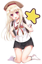 Rule 34 | 1girl, :d, backpack, bag, beret, black skirt, blonde hair, blush, bow, brown hat, collared shirt, commentary request, fate/kaleid liner prisma illya, fate (series), hair between eyes, hat, highres, homurahara academy school uniform, illyasviel von einzbern, kneeling, leaning to the side, long hair, no shoes, open mouth, pleated skirt, puffy short sleeves, puffy sleeves, red bow, red eyes, round teeth, school uniform, shirt, short sleeves, simple background, skirt, smile, socks, solo, star (symbol), teeth, upper teeth only, very long hair, white background, white shirt, white socks, youta