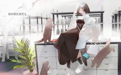 Rule 34 | 1girl, 3others, animal, arknights, black footwear, black skirt, brown eyes, brown hair, calling, ceiling, ceiling light, choker, closed mouth, commentary request, drawer, floor, goggles, goggles on head, hand on table, head tilt, highres, holding, holding phone, id card, indoors, jar, jumping, lab coat, laboratory, leaf, leaning, long skirt, looking at viewer, medium hair, multiple others, otter, phone, plant, roberta (arknights), shelf, shirt, shoes, sidelocks, sitting, sitting on drawer, sitting on table, skirt, socks, solo, standing, suspenders, tablet pc, talking on phone, tearmumu, vial, weibo logo, weibo watermark, weibo watermark, white choker, white footwear, white shirt