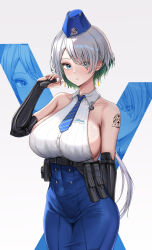 Rule 34 | 1girl, absurdres, backless outfit, backless shirt, bare shoulders, belt, belt pouch, black belt, blue eyes, blue headwear, blue necktie, blue skirt, blush, breasts, brid (nikke), bridal gauntlets, chinese commentary, collarbone, collared shirt, colored inner hair, commentary request, covered navel, cowboy shot, dangle earrings, earrings, eyes visible through hair, garrison cap, goddess of victory: nikke, green hair, grey hair, hair between eyes, hair over one eye, hand up, hat, high-waist skirt, highres, jewelry, large breasts, ljcc100861, long hair, long skirt, looking at viewer, low-tied long hair, low ponytail, mole, mole on breast, multicolored hair, necktie, parted lips, pouch, shirt, shoulder tattoo, sideboob, sidelocks, skirt, sleeveless, standing, striped necktie, tattoo, two-tone hair, white shirt, zoom layer