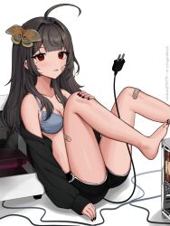 Rule 34 | 1girl, ahoge, animal, animal on head, artist name, bandaid, bandaid on cheek, bandaid on face, bandaid on knee, bandaid on leg, bare legs, bare shoulders, barefoot, black jacket, black nails, black shorts, bra, breasts, brown hair, bug, cable, cable tail, computer, computer tower, dolphin shorts, ear piercing, electric plug, feet up, foot out of frame, grey bra, hair intakes, hand on own knee, highres, insect, jacket, leaning back, long hair, long sleeves, looking at viewer, mechanical tail, medium breasts, mole, mole under eye, moth, nail polish, off shoulder, on head, open clothes, open jacket, original, piercing, red eyes, ringed eyes, short shorts, shorts, sitting, solo, tail, toenail polish, toenails, tongue, tongue out, underwear, vickie (cryingrobot), vickie (cryingrobot) (character), white background