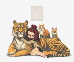 Rule 34 | 1girl, 2022, :3, :d, animal, animal hug, artist name, barefoot, beige sweater, bike shorts, black-framed eyewear, blue eyes, brown hair, cat, chinese zodiac, commentary, english commentary, freckles, glasses, grey background, happy new year, highres, hug, long sleeves, looking at viewer, new year, open mouth, original, perlline (porforever), porforever, ribbed sweater, serval, simple background, smile, solo, sweater, tiger, year of the tiger