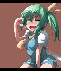 Rule 34 | 1girl, ascot, between legs, daiyousei, drooling, fairy wings, green eyes, green hair, hand between legs, heavy breathing, highres, kuromu (underporno), letterboxed, matching hair/eyes, naughty face, saliva, sexually suggestive, side ponytail, simple background, solo, touhou, wavy mouth, wings