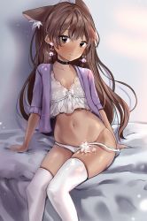Rule 34 | 1girl, ahoge, animal ear fluff, animal ears, anyuu, arm support, bed sheet, black choker, breasts, brown eyes, brown hair, camisole, cat ears, choker, cleavage, collarbone, crystal earrings, dark-skinned female, dark skin, earrings, feet out of frame, freckles, glint, highres, jacket, jewelry, leaning back, long hair, looking at viewer, navel, on bed, open clothes, open jacket, panties, panty pull, parted lips, purple jacket, short sleeves, sitting, small breasts, solo, stomach, thighhighs, triangle mouth, underwear, very long hair, white panties, white thighhighs