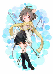 Rule 34 | 1girl, animal ears, bad id, bad pixiv id, boots, capelet, crossed legs, dowsing rod, female focus, grey hair, jewelry, jigatei (omijin), knee boots, kneehighs, leaning forward, mouse ears, mouse tail, nazrin, pendant, red eyes, scarf, short hair, skirt, socks, solo, standing, tail, touhou, yellow scarf