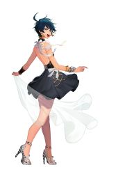 Rule 34 | 1girl, :d, absurdres, ahoge, aqua eyes, bare shoulders, black dress, black survival, blue eyes, blue hair, dark blue hair, dress, earrings, from side, hair between eyes, halterneck, high heels, highres, holding, jewelry, looking at viewer, looking to the side, official alternate costume, official art, one touch, open mouth, shoes, short dress, silvia piquet, sleeveless, sleeveless dress, smile, solo, standing, star (symbol), star earrings, transparent background