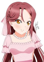 Rule 34 | 1girl, arm behind back, artist name, artist request, blush, braid, breasts, brown eyes, close-up, collarbone, crown braid, dress, female focus, frilled sleeves, frills, hair between eyes, hair ribbon, half updo, highres, jewelry, long hair, looking at viewer, love live!, love live! school idol festival, love live! sunshine!!, necklace, parted lips, pearl necklace, pianoforte monologue, pianoforte monologue (love live!), pink dress, pink ribbon, plaid, plaid dress, pleated, pleated dress, polka dot, pure phrase, pure phrase (love live!), red hair, ribbon, sakurauchi riko, short sleeves, small breasts, smile, solo, upper body, white background, yellow eyes