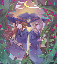 Rule 34 | 10s, 2girls, bottle, brown hair, cloud, crescent moon, gingya, hair over one eye, hat, holding, holding bottle, holding wand, kagari atsuko, light brown hair, little witch academia, long hair, looking at viewer, moon, multiple girls, night, night sky, outdoors, plant, potion, red eyes, school uniform, shiny rod (little witch academia), sky, smile, standing, sucy manbavaran, wand, witch hat