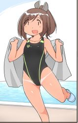 Rule 34 | 1girl, alternate costume, arena (company), bikini tan, black one-piece swimsuit, brown hair, competition swimsuit, feet out of frame, flat chest, full body, grey towel, hair ornament, hairclip, highleg, highleg swimsuit, i-401 (kancolle), kantai collection, one-piece swimsuit, ponytail, pool, poolside, sandals, short ponytail, slippers, solo, standing, standing on one leg, swimsuit, tan, tanline, towel, zuizou, | |