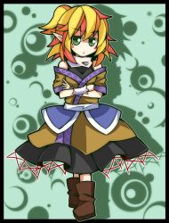 Rule 34 | 1girl, bad id, bad pixiv id, blonde hair, breasts, female focus, green eyes, high collar, highres, mizuhashi parsee, multicolored hair, nosada, off shoulder, pointy ears, short hair, skirt, small breasts, solo, touhou, wrist cuffs