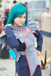 Rule 34 | 1girl, apron, aqua hair, asian, blue hair, blurry, cosplay, depth of field, hand on own hip, highres, long hair, looking at viewer, maid, maid apron, my-otome, outdoors, photo (medium), school uniform, solo focus, tomoe marguerite, tomoe marguerite (cosplay), yurika (cosplayer)