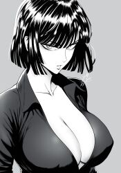 Rule 34 | 1girl, absurdres, bob cut, breasts, cleavage, fubuki (one-punch man), greyscale, highres, large breasts, looking at viewer, monochrome, mostlybluewyatt, one-punch man, parted lips, short hair, signature, solo, upper body, v-neck, wing collar