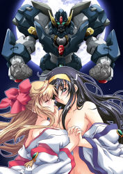 Rule 34 | 00s, 2girls, bare shoulders, black hair, blue eyes, blush, bow, breasts, cleavage, clenched hands, closed eyes, couple, female focus, floating hair, full moon, glowing, glowing eyes, grabbing another&#039;s chin, hair between eyes, hair bow, hair over one eye, hair ribbon, hairband, half updo, hand on another&#039;s chin, hand on another&#039;s face, himemiya chikane, holding hands, imminent kiss, interlocked fingers, japanese clothes, kannazuki no miko, kurusugawa himeko, large breasts, light brown hair, long hair, looking at another, mecha, miko, moon, multiple girls, nagayori, night, night sky, nude, off shoulder, parted lips, profile, red bow, red ribbon, ribbon, robot, sky, undressing, yellow hairband, yuri
