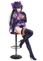 Rule 34 | 1girl, arm guards, arm support, armor, black hair, boots, bow, breasts, chair, cleavage, commentary request, earrings, elbow gloves, fishnet thighhighs, fishnets, floral print, full body, garter straps, gloves, hair bow, hairband, high heel boots, high heels, highres, holding, holding weapon, japanese clothes, jewelry, kunoichi (sengoku musou), large breasts, leg up, leotard, long hair, looking away, ninja, original, ponytail, purple eyes, scarf, sengoku musou, shiny skin, sidelocks, simple background, sitting, sleeveless, smile, solo, stiletto boots, stiletto heels, stool, thigh boots, thighhighs, thighhighs under boots, thighs, tongue, tongue out, toriatto gununu, weapon, white background
