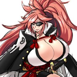 Rule 34 | 1girl, amputee, baiken, breasts, brown eyes, cleavage, eyepatch, gigantic breasts, guilty gear, japanese clothes, kimono, long hair, one-eyed, open mouth, pink hair, ponytail, samurai, smile, solo, sword, tattoo, weapon