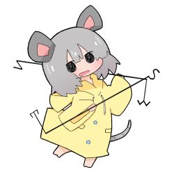 Rule 34 | :d, amakaeru, animal ears, blush, buttons, grey hair, mouse tail, nazrin, open mouth, raincoat, smile, solo, tail, touhou, weather vane, white background