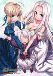 Rule 34 | 3girls, :d, age difference, ahoge, artoria pendragon (all), artoria pendragon (fate), blonde hair, blush, boots, breasts, child, cleavage, closed eyes, dress, fate/stay night, fate/zero, fate (series), flat chest, green eyes, hair ribbon, highres, holding hands, illyasviel von einzbern, interlocked fingers, irisviel von einzbern, irisviel von einzbern (angel&#039;s song), long hair, matsuryuu, medium breasts, mother and daughter, multiple girls, open mouth, outstretched arms, purple eyes, ribbon, saber (fate), silver hair, skirt, small breasts, smile, strapless, strapless dress, white dress