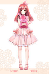 Rule 34 | 1girl, alternate headwear, ankle ribbon, bow, brown eyes, brown hair, casual, contemporary, crossed arms, d.va (overwatch), dress, english text, facepaint, facial mark, frilled dress, frills, full body, hair ornament, hairband, hairclip, highres, holding, horizontal-striped background, leg ribbon, long hair, looking at viewer, miya (zawarudo), neck ribbon, overwatch, overwatch 1, pink bow, pink dress, pink footwear, ribbon, shoes, sleeveless, sleeveless dress, solo, standing, stuffed animal, stuffed rabbit, stuffed toy, swept bangs, whisker markings, white background