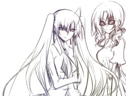 Rule 34 | 2girls, expressionless, formal, greyscale, lineart, long hair, long sleeves, looking at viewer, monochrome, multiple girls, original, simple background, sketch, suit, sunglasses, twintails, uppercut, very long hair, white background, yukian