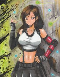 Rule 34 | 1girl, 2021, arm guards, arm up, artist name, bare shoulders, black gloves, black skirt, black sports bra, breasts, brown hair, collarbone, cowboy shot, crop top, elbow gloves, female focus, final fantasy, final fantasy vii, final fantasy vii remake, fingerless gloves, gloves, hand on own hip, highres, large breasts, long hair, midriff, navel, ponytail, ravernclouk design, red hair, skirt, solo, sports bra, square enix, standing, suspender skirt, suspenders, tank top, tifa lockhart, traditional media, v-shaped eyebrows, very long hair, white tank top
