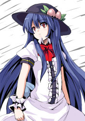 Rule 34 | 1girl, blue hair, fa no hito, female focus, food, fruit, hat, hinanawi tenshi, peach, red eyes, solo, standing, touhou, white background, wrist cuffs