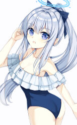 Rule 34 | 1girl, absurdres, alternate costume, alternate hairstyle, ass, blue archive, blush, breasts, cleavage, collarbone, commentary request, grey hair, hair between eyes, hair ornament, highres, looking at viewer, miyako (blue archive), open mouth, ponytail, purple eyes, ribbon, simple background, small breasts, solo, swimsuit, take5321, white background