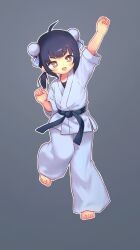 Rule 34 | 1girl, :d, ahoge, arm up, barefoot, black hair, blue sash, bun cover, commentary request, dougi, fangs, grey background, highres, kuma-bound, medium hair, open mouth, original, sash, simple background, smile, solo, standing, standing on one leg, toes
