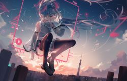 Rule 34 | 1girl, alternate costume, black thighhighs, cityscape, detached sleeves, dleung, floating hair, hatsune miku, highres, hologram, long hair, midair, musical note, necktie, see-through, see-through sleeves, sitting, sky, solo, tattoo, thighhighs, twintails, vocaloid