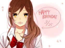 Rule 34 | 1girl, bow, bowtie, brown hair, collared shirt, commentary request, dated, flower, hagiwara daisuke, hair over shoulder, happy birthday, hori-san to miyamura-kun, hori kyouko, long hair, looking at viewer, open collar, orange eyes, pink flower, red bow, red bowtie, shirt, solo, teeth, upper body