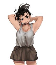 Rule 34 | 1girl, apron, black eyes, black hair, brown shorts, contrapposto, cowboy shot, head tilt, looking at viewer, mouth hold, original, rubber band, sagami jon, shirt, short hair, shorts, simple background, solo, standing, tank top, tying hair, white background, white shirt